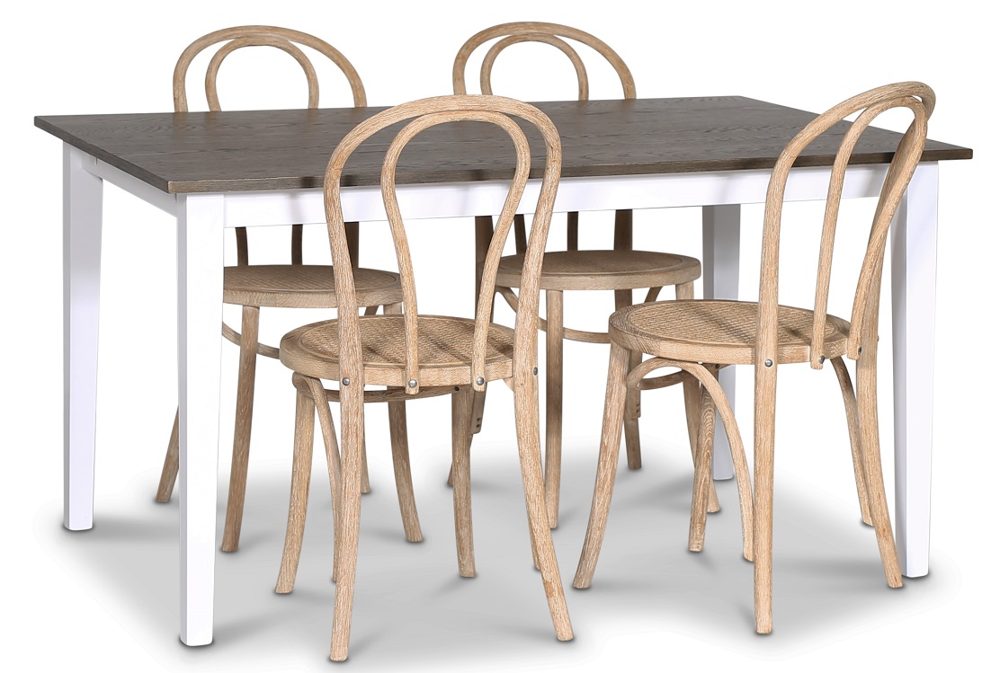 Skagen spisegruppe; spisebord 140 cm - Hvit / brunbeiset eik med 4 Danderyd No.18 spisestoler whitewash