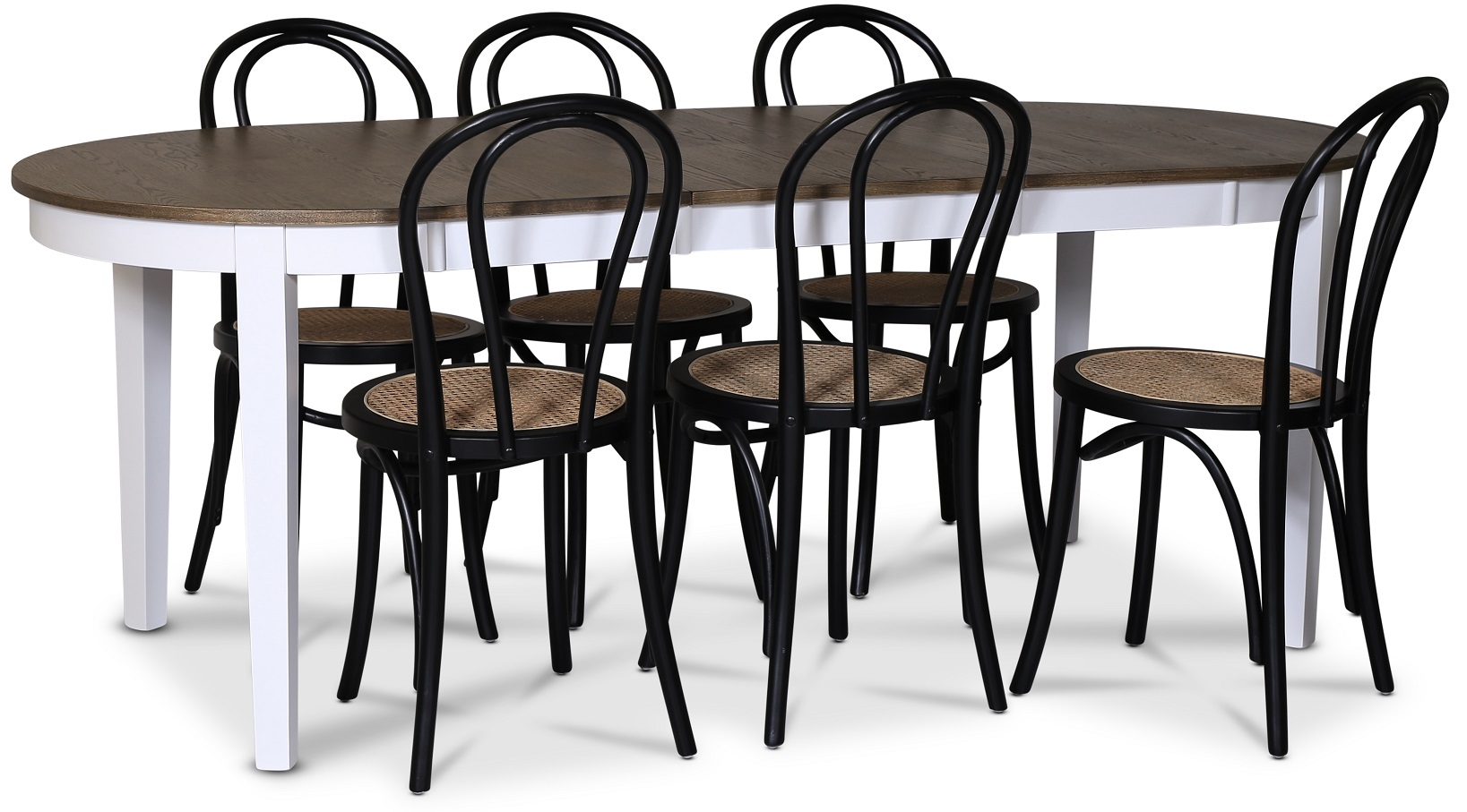 Skagen spisegruppe; spisebord 160/210x90 cm - Hvit / brunoljet eik med 6 stk Danderyd No.18 stoler Svart Skagen spisegruppe; spisebord 160/210x90 cm - Hvit / brunoljet eik med 6 stk Danderyd No.18 stoler Svart