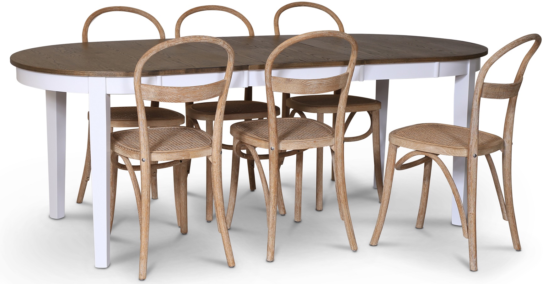 Skagen spisegruppe; spisebord 160/210x90 cm - Hvit / brunoljet eik med 6 stk Danderyd No.16 stoler whitewash Skagen spisegruppe; spisebord 160/210x90 cm - Hvit / brunoljet eik med 6 stk Danderyd No.16 stoler whitewash