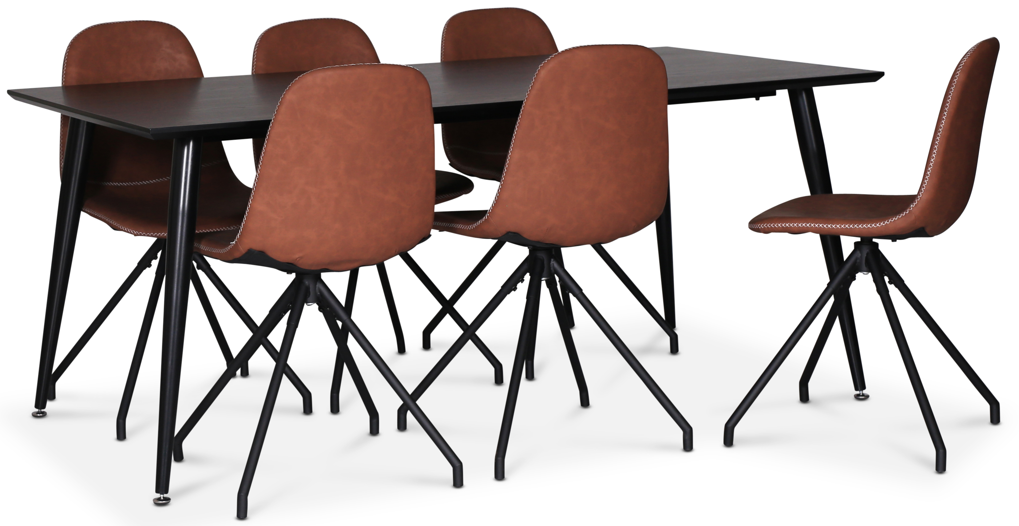 Dipp spisegruppe; spisebord, 180x90 cm med 6 svingbare Bridge spisestoler i konjakkfarget PU