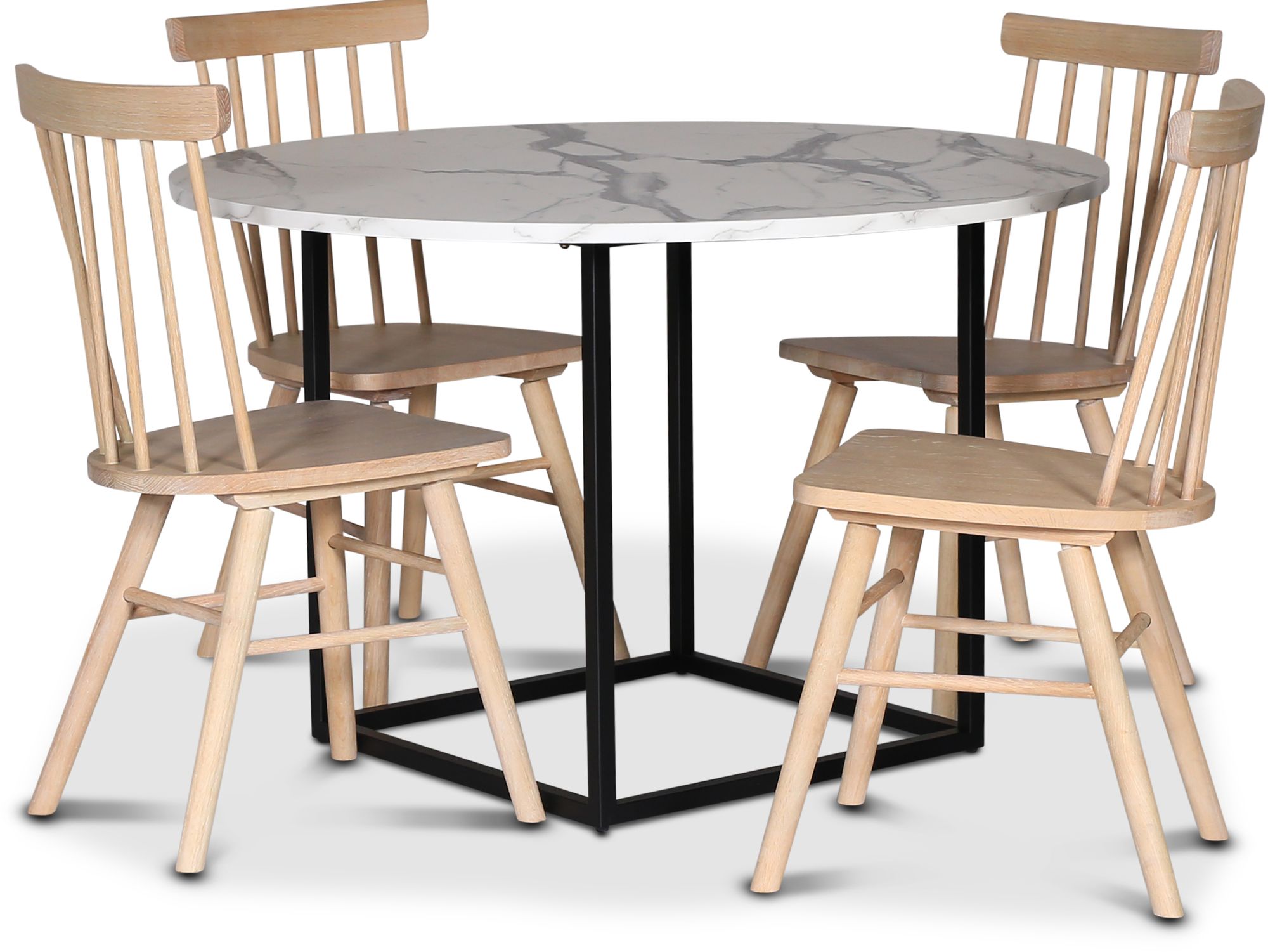 Sintorp spisegruppe, rundt spisebord �115 cm inkludert 4 stk. hvitoljede Orust pinnestoler - Hvit marmor (Laminat)
