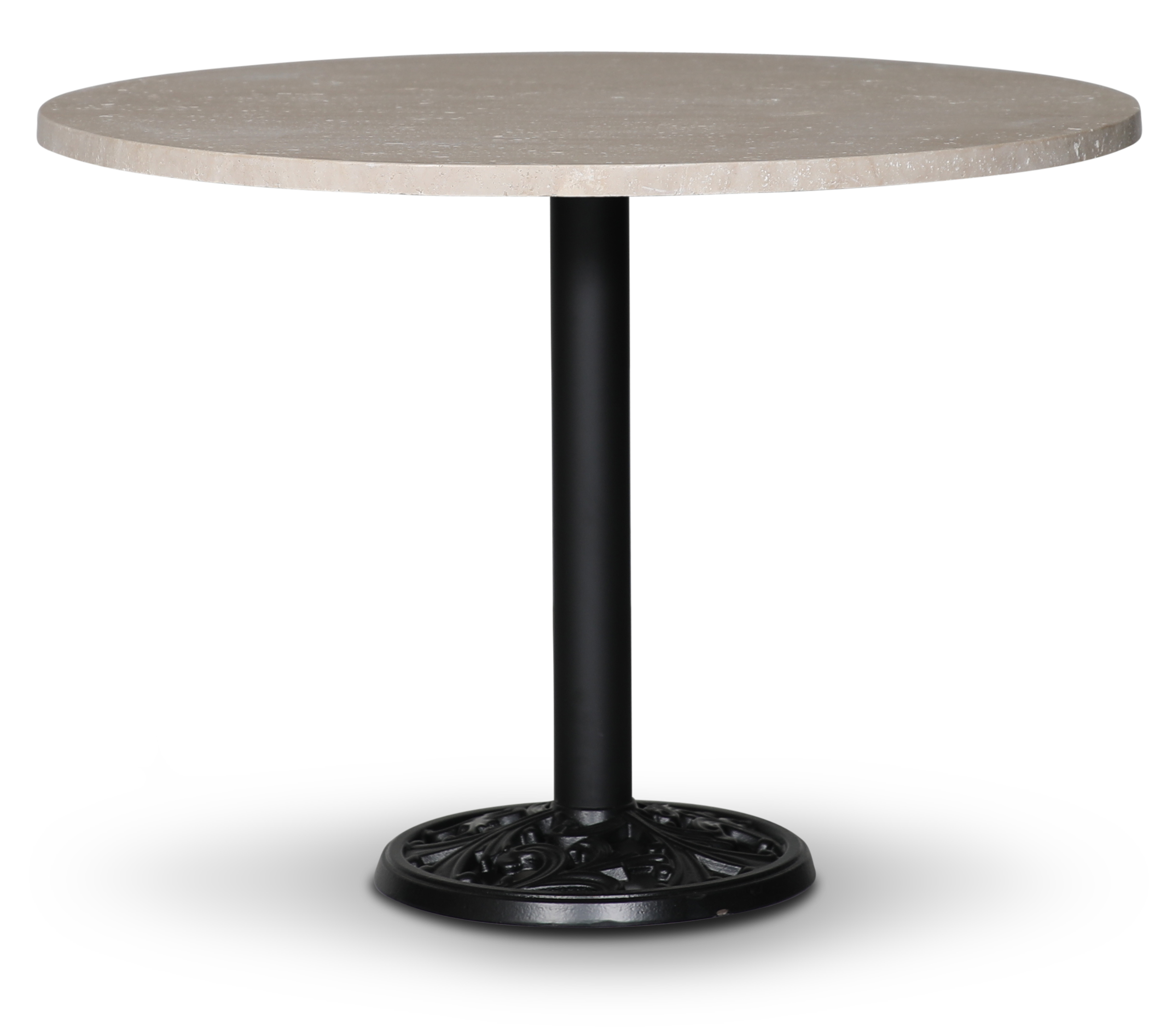 Flair rundt spisebord Ø105 cm - Black Mystery E84 fot / Travertinstein Flair rundt spisebord Ø105 cm - Black Mystery E84 fot / Travertinstein