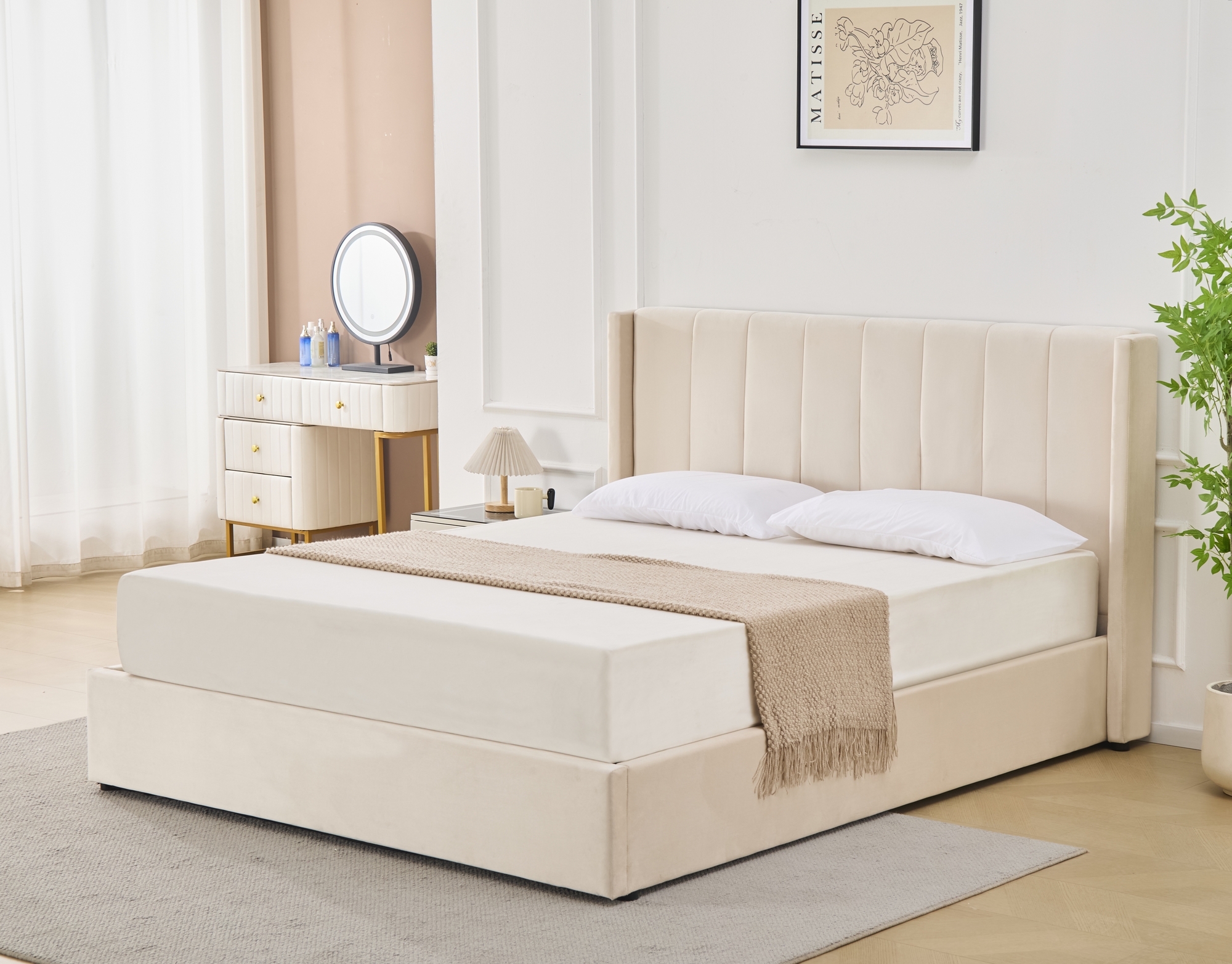 Bianca sengeramme med sengegavl og oppbevaring 180 x 200 cm - Beige