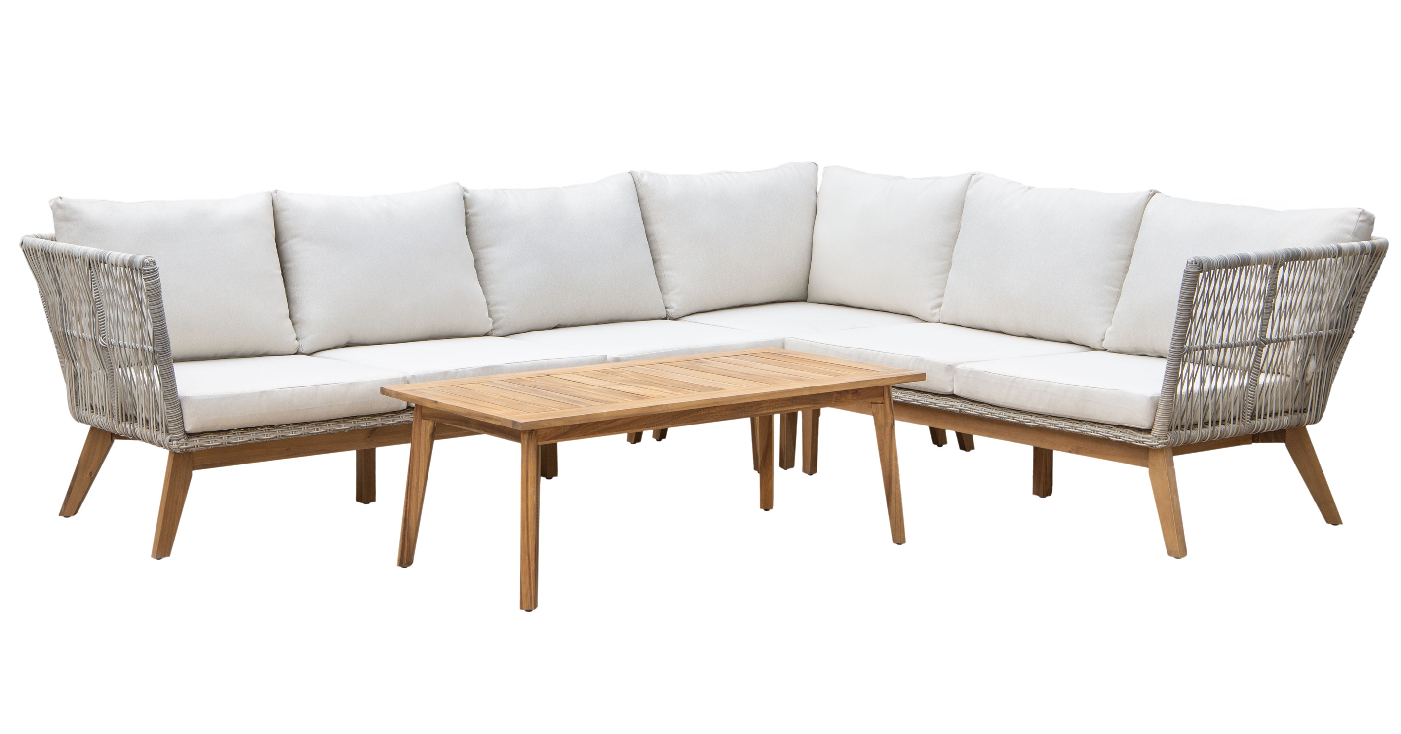 Inez utendørs sofasett med salongbord - Grå syntetisk rotting og akasie | Hjørnesofa Inez utendørs sofasett med salongbord - Grå syntetisk rotting og akasie | Hjørnesofa