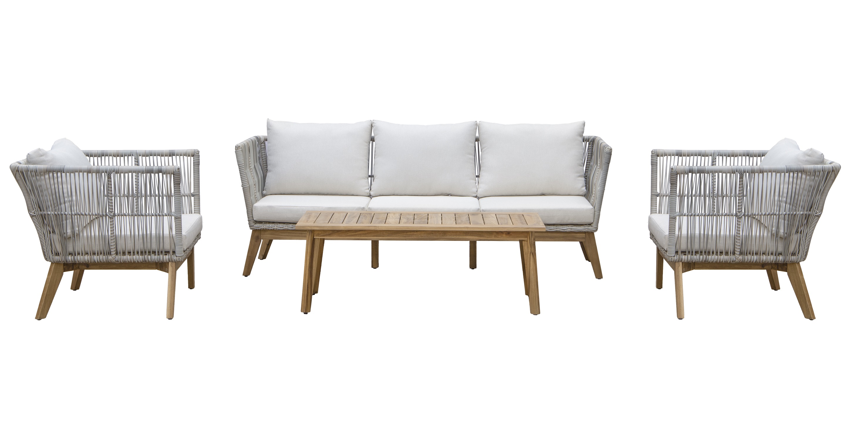 Inez loungegruppe; sofa, 2 lenestoler og salongbord - grå syntetisk rotting og akasietre Inez loungegruppe; sofa, 2 lenestoler og salongbord - grå syntetisk rotting og akasietre