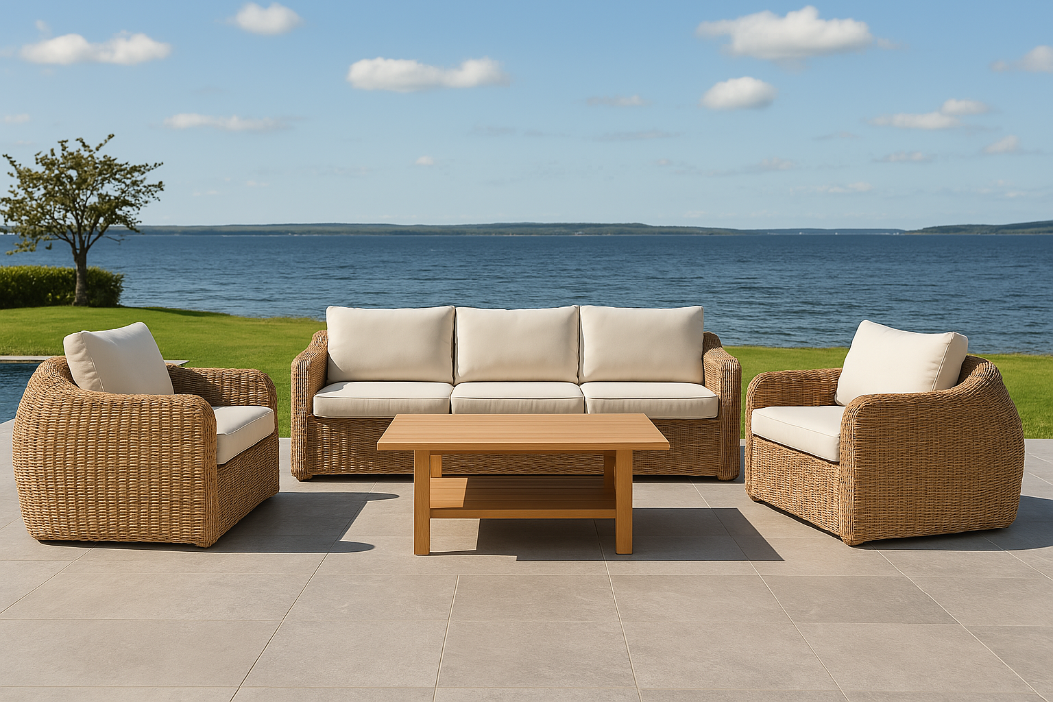 Eksklusivt loungesett; 2 lenestoler med 3-seters sofa og bord - Malibu + Tekstilbeskyttelse for utem?bler