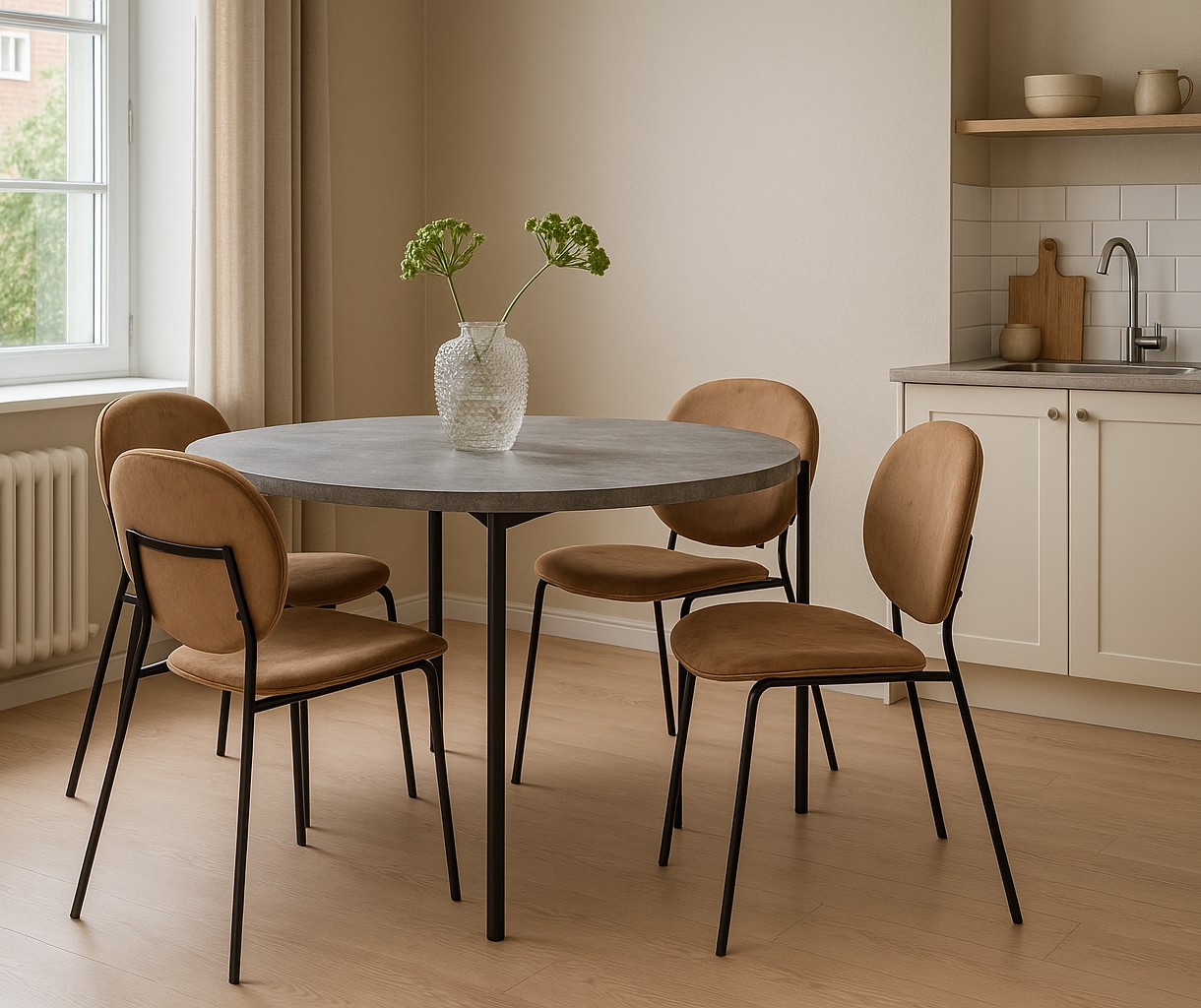 Shanghai spisegruppe �120 cm inkl. 4 stk. Rondo stoler i brun fl�yel - Sementimitasjon