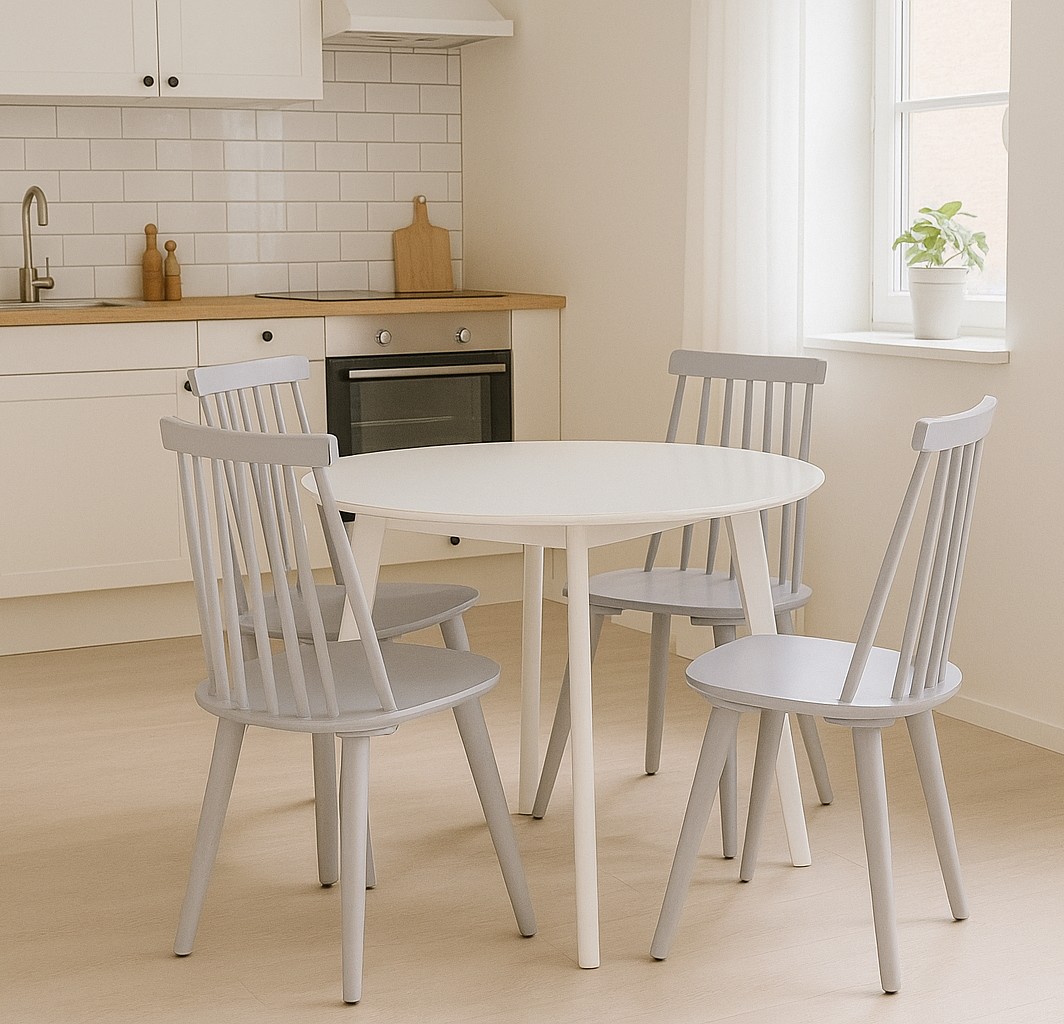 Sandhamn spisegruppe; rundt spisebord med 4 gr� Dalsland pinnestoler