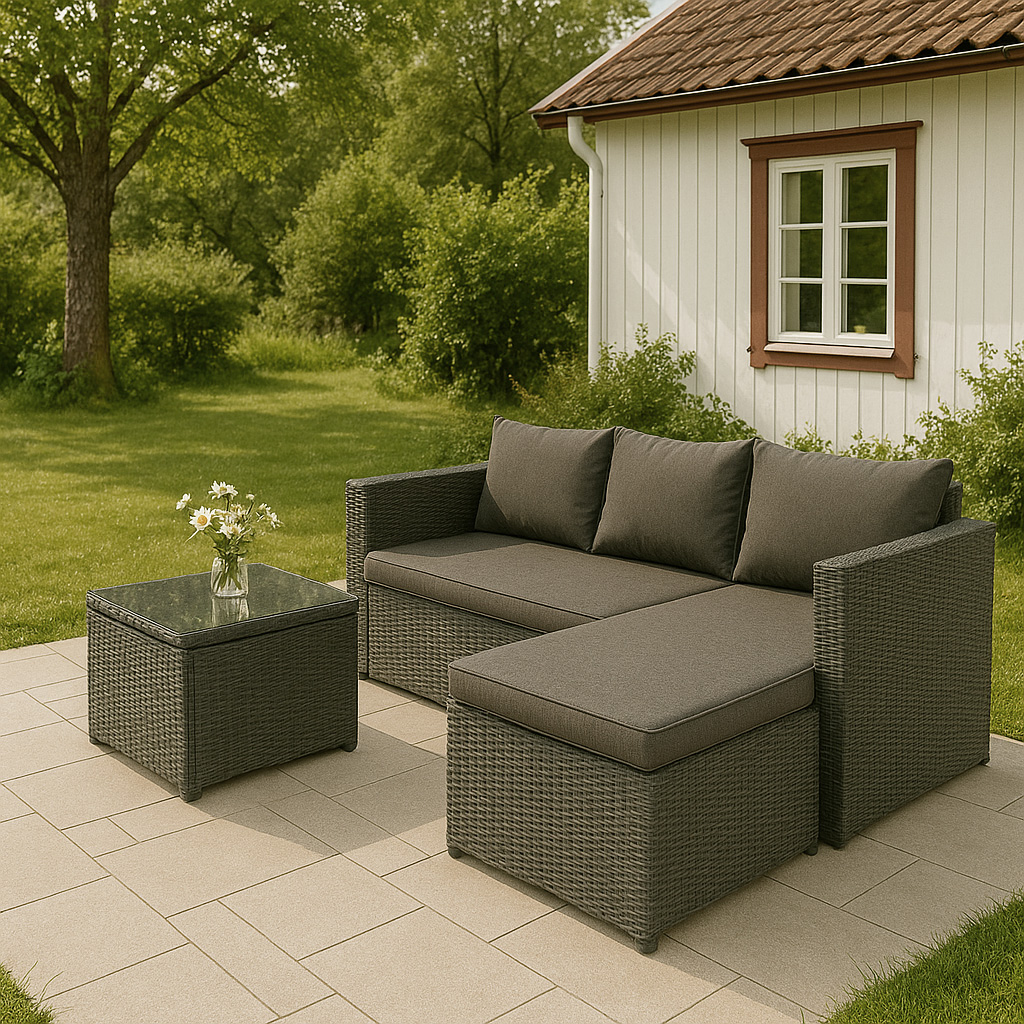 Miami utegruppe sofa med bord - Gr� kunstrotting + M?belben
