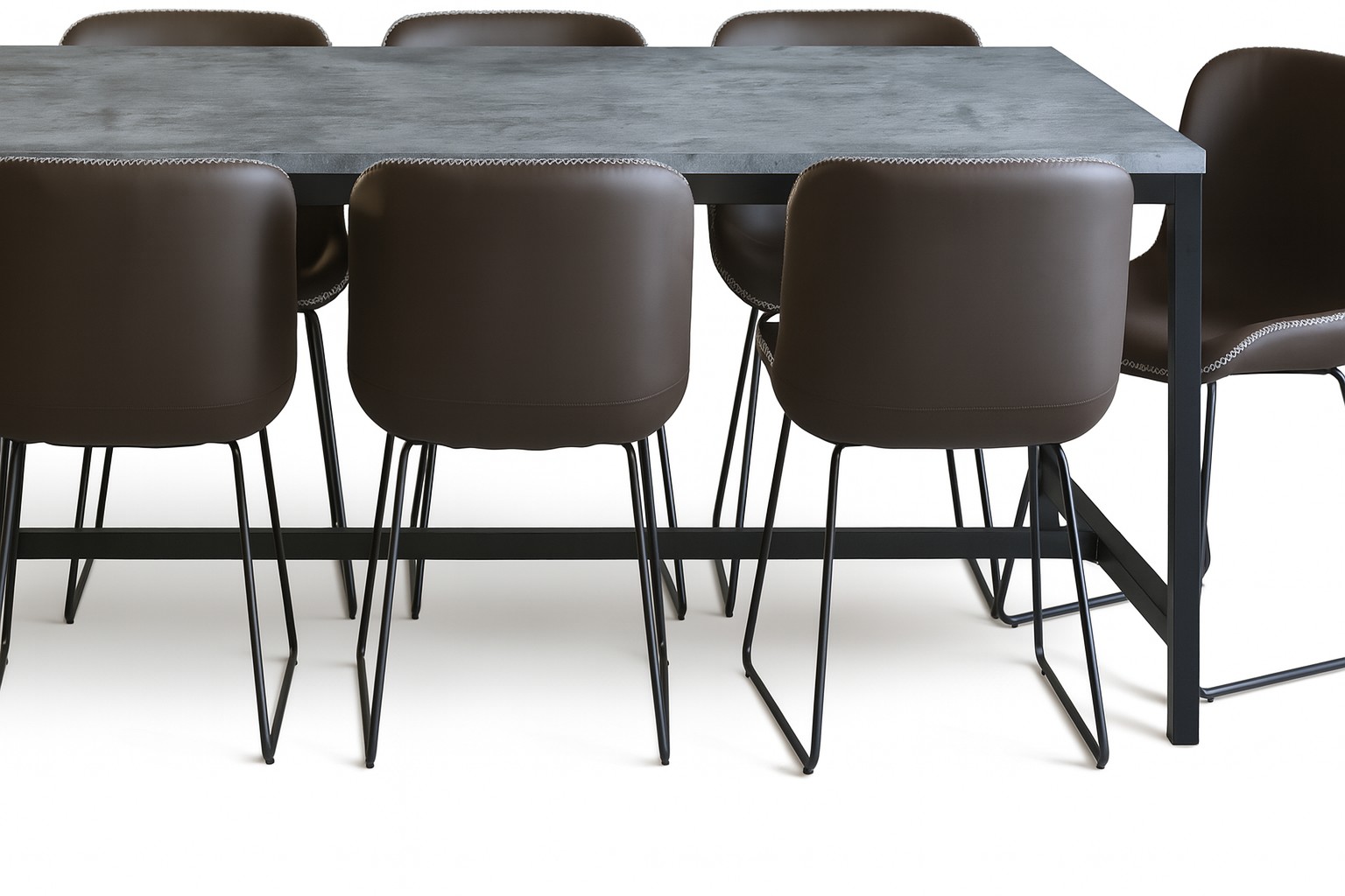 Texas spisegruppe med 8 Texas spisestoler Brun PU + Texas spisebord betong 200x100 cm + 8.00 x Stolpute