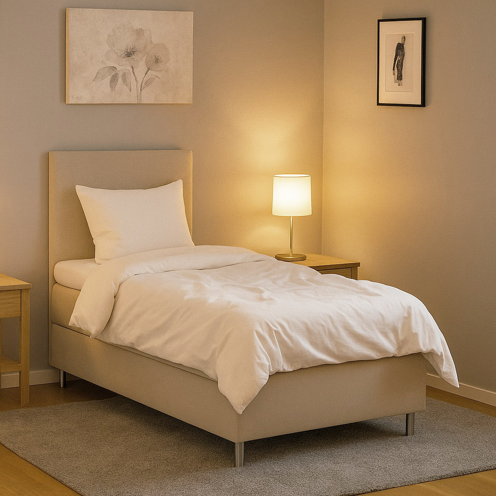 Seng 120x200 cm beige med oppbevaring, 5 soner, lomme - Hodegavl inkludert Seng 120x200 cm beige med oppbevaring, 5 soner, lomme - Hodegavl inkludert