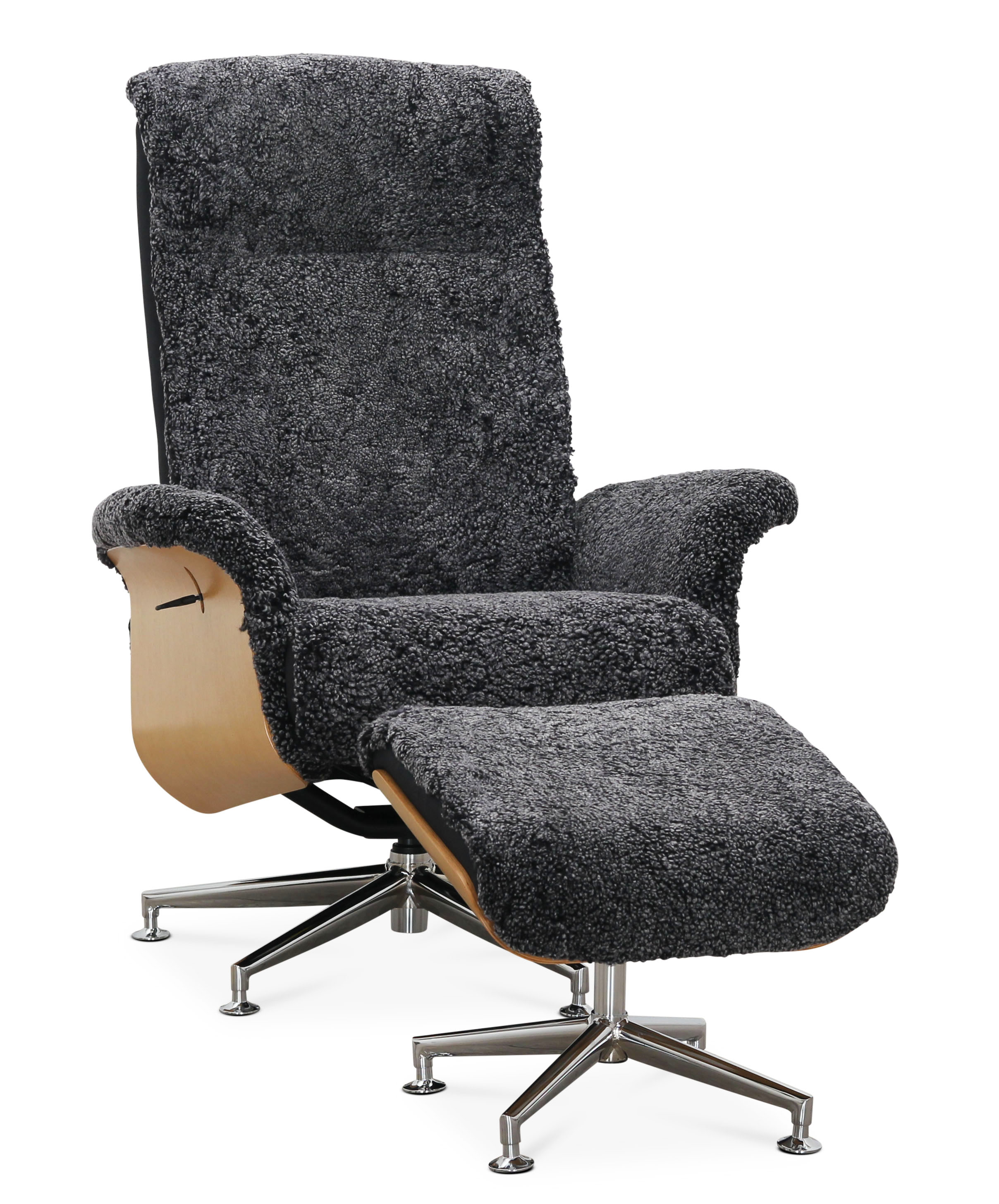 Ulla lenestol med fotskammel i saueskinn - M�rkegr� / Eik / Krom + Tekstilpleie for m�bler