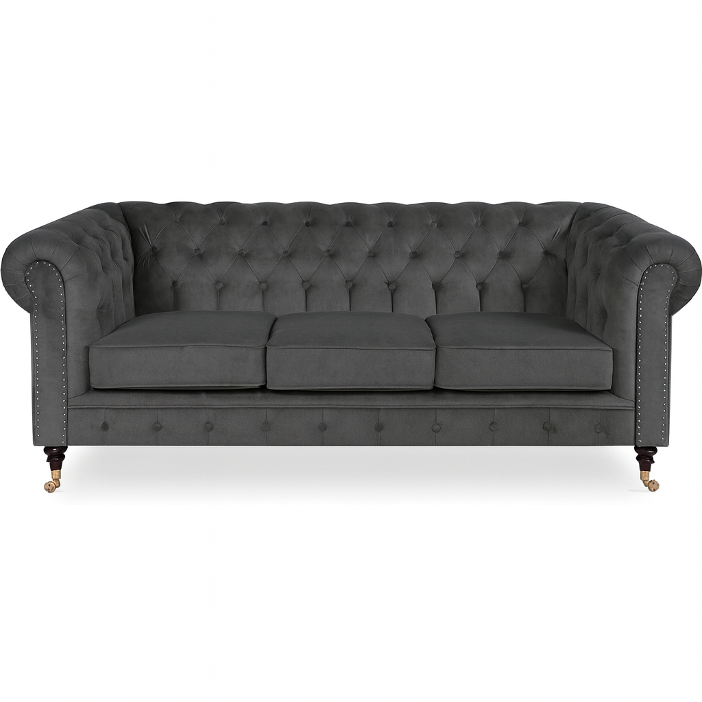 Chesterfield-sofa Cambridge Deluxe 3-seter - 225 cm - Mrkegr flyel