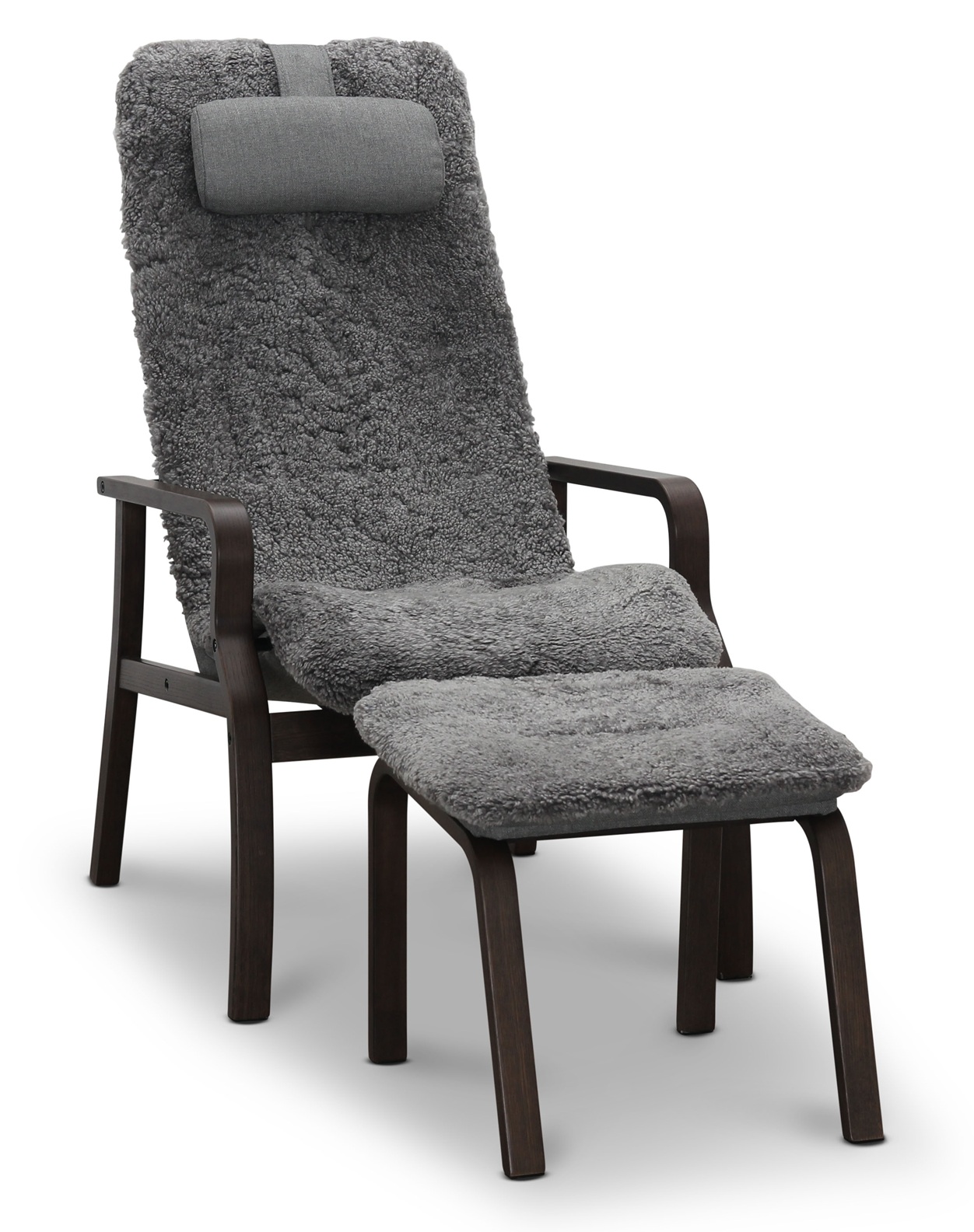 Lenestol med fotskammel i ekte saueskinn, røykfarget eik/grått - Frank + Møbelføtter Lenestol med fotskammel i ekte saueskinn, røykfarget eik/grått - Frank + Møbelføtter