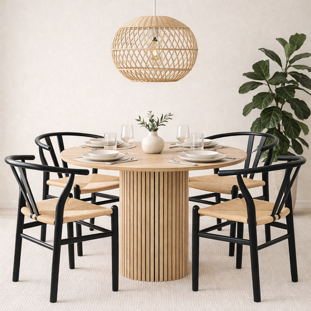 Ludvig spisebord Ø120 cm i eik med 4 Brandon lenestoler i svart med tausete Ludvig spisebord Ø120 cm i eik med 4 Brandon lenestoler i svart med tausete