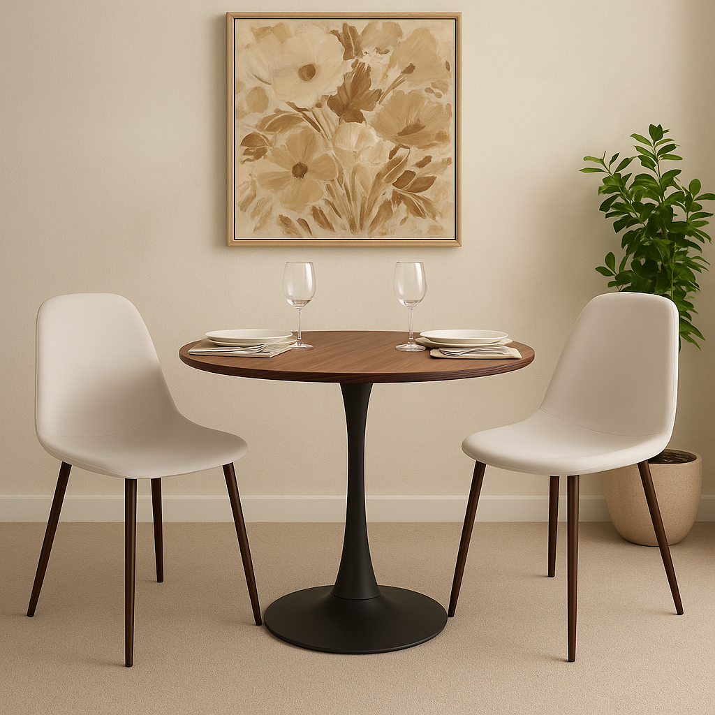 Olmo spisebord Ø90 cm i valnøtt/svart med 2 Alfred spisestoler i beige fløyel og ben i valnøtt Olmo spisebord Ø90 cm i valnøtt/svart med 2 Alfred spisestoler i beige fløyel og ben i valnøtt