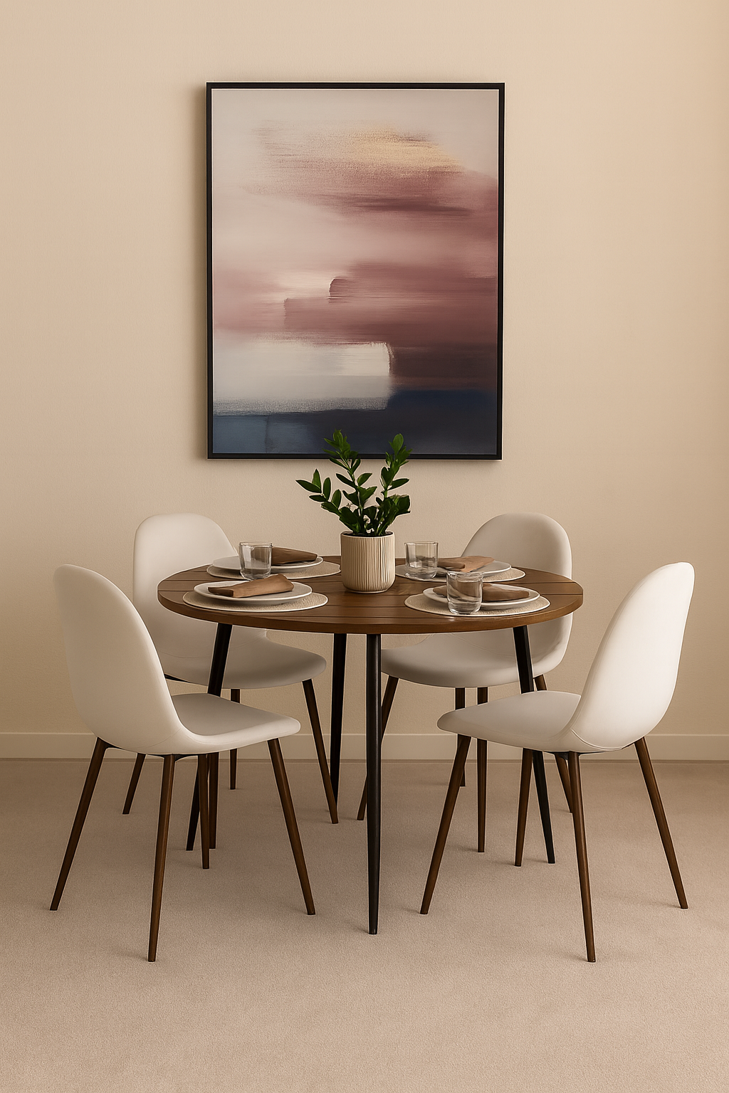 Dana spisebord �105 cm i valn�tt med 4 Alfred spisestoler i beige fl�yel og ben i valn�tt