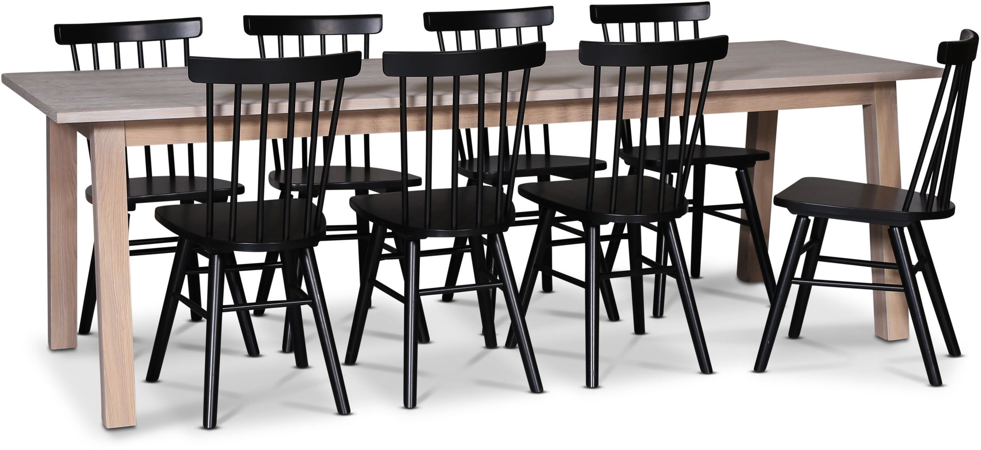 Saltsjö spisegruppe, 240 cm, inkludert 8 stk. svarte Orust pinnestoler - Hvitoljet eikefiner Saltsjö spisegruppe, 240 cm, inkludert 8 stk. svarte Orust pinnestoler - Hvitoljet eikefiner