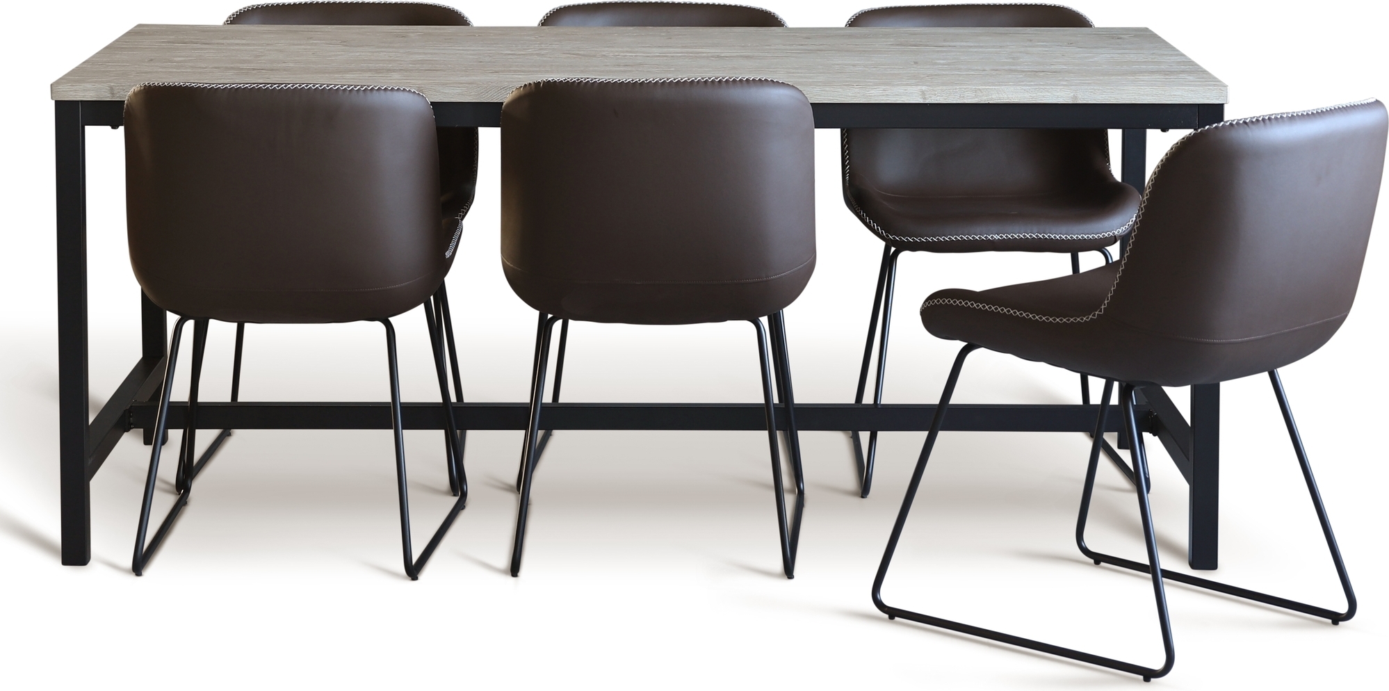 Texas spisegruppe med 6 Texas spisestoler Brun PU + Texas spisebord hvitkalket 180x90 cm + 6.00 x Stolpute