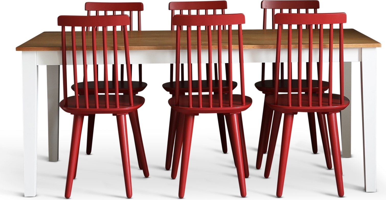 Dalsland spisegruppe: Spisebord i Eik/Hvit med 6 r�de Pinnstola + 6.00 x Stolpute