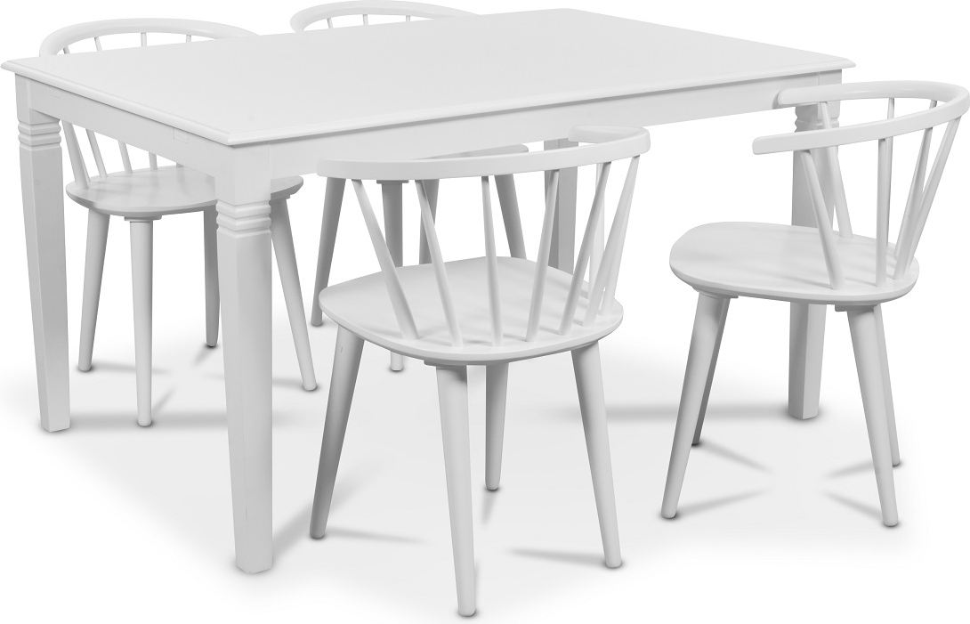 Mellby spisegruppe 140 cm bord med 4 stk hvite Fredrik Pinnstolar med ramme - Hvit