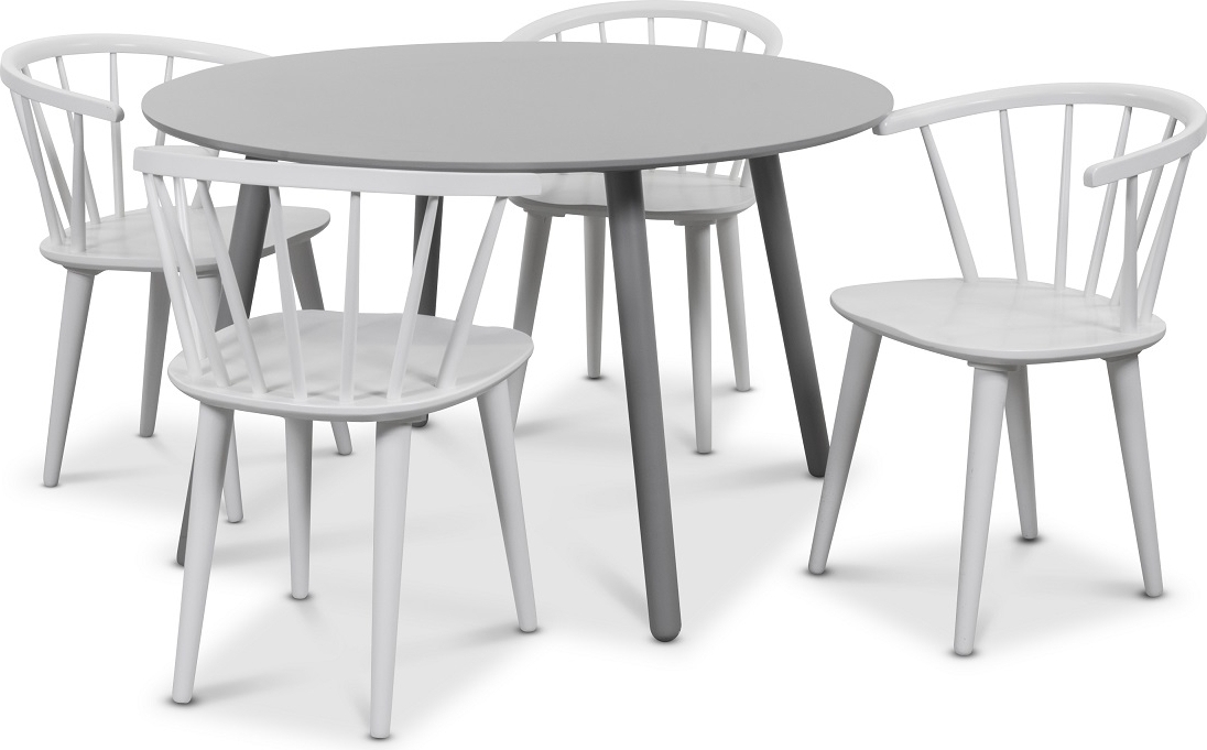 Rosvik spisegruppe gr?tt rundt bord med 4 hvite Dalsland kurvstoler