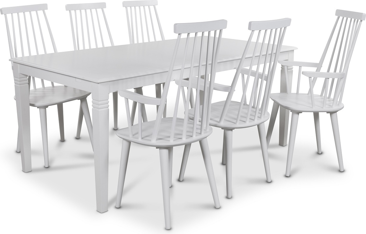 Mellby spisegruppe 180 cm bord med 6 stk hvite Dalsland Cane stoler med armlener