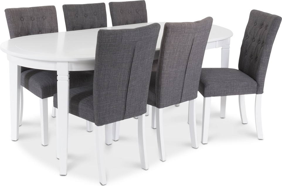 Sandhamn Food Group; Ovalt bord med 6 Crocket stoler i grått stoff Sandhamn Food Group; Ovalt bord med 6 Crocket stoler i grått stoff