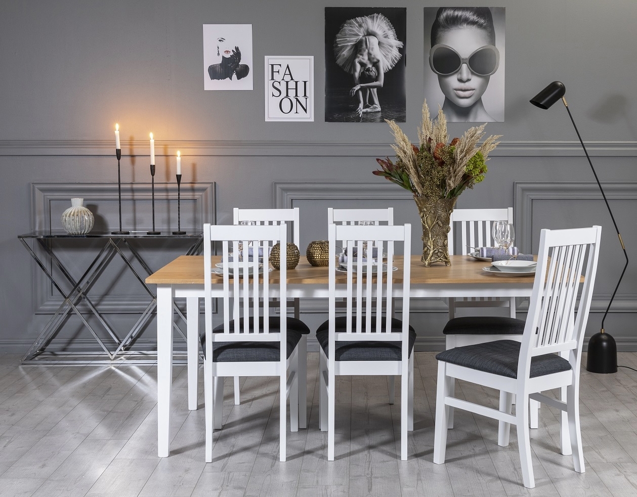 F�r� spisegruppe: Bord 180 cm inkludert 6 G�s� stoler - Hvit/Eik + 4.00 x M�belf�tter