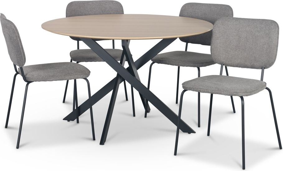 Hogrän spisegruppe Ø120 cm bord i lyst tre + 4 stk Lokrume grå stoler Hogrän spisegruppe Ø120 cm bord i lyst tre + 4 stk Lokrume grå stoler