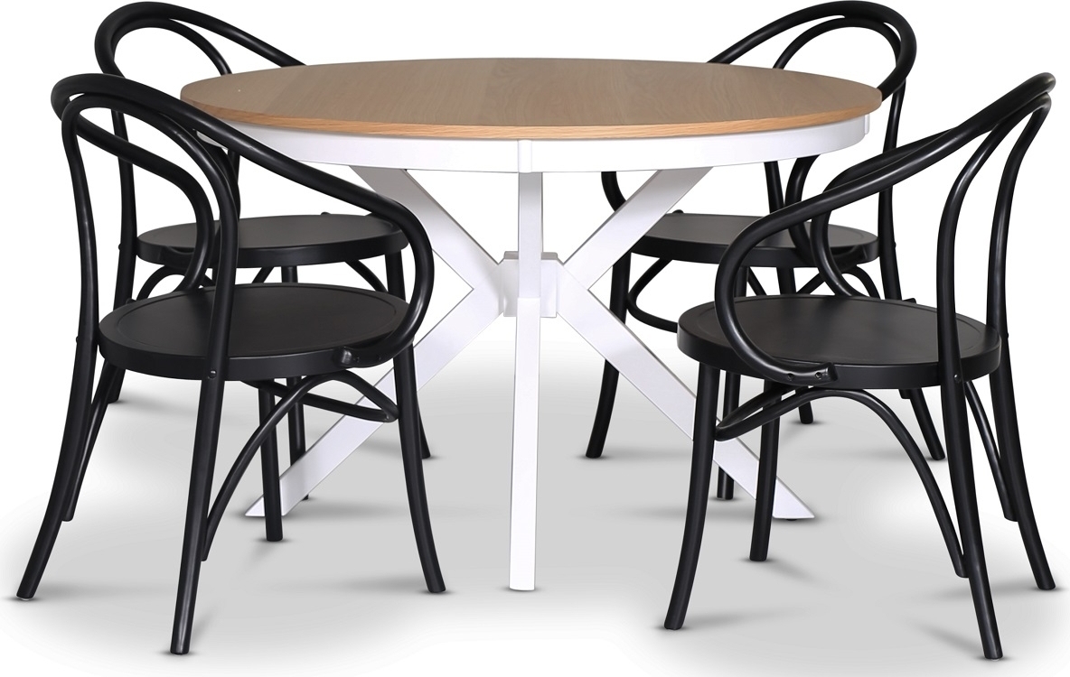 Tromsö spisegruppe; rund spisebord Hvit / Eik med 4 stk Danderyd No.30 lenestoler svart Tromsö spisegruppe; rund spisebord Hvit / Eik med 4 stk Danderyd No.30 lenestoler svart