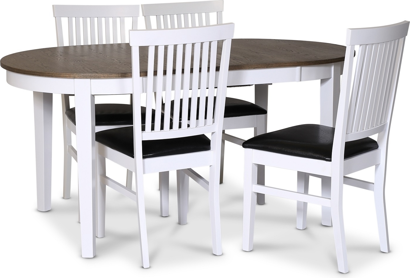 Skagen spisegruppe; spisebord 160/210x90 cm - Hvit / brunoljet eik med 4 stk Fårö stoler med PU-sete Skagen spisegruppe; spisebord 160/210x90 cm - Hvit / brunoljet eik med 4 stk Fårö stoler med PU-sete