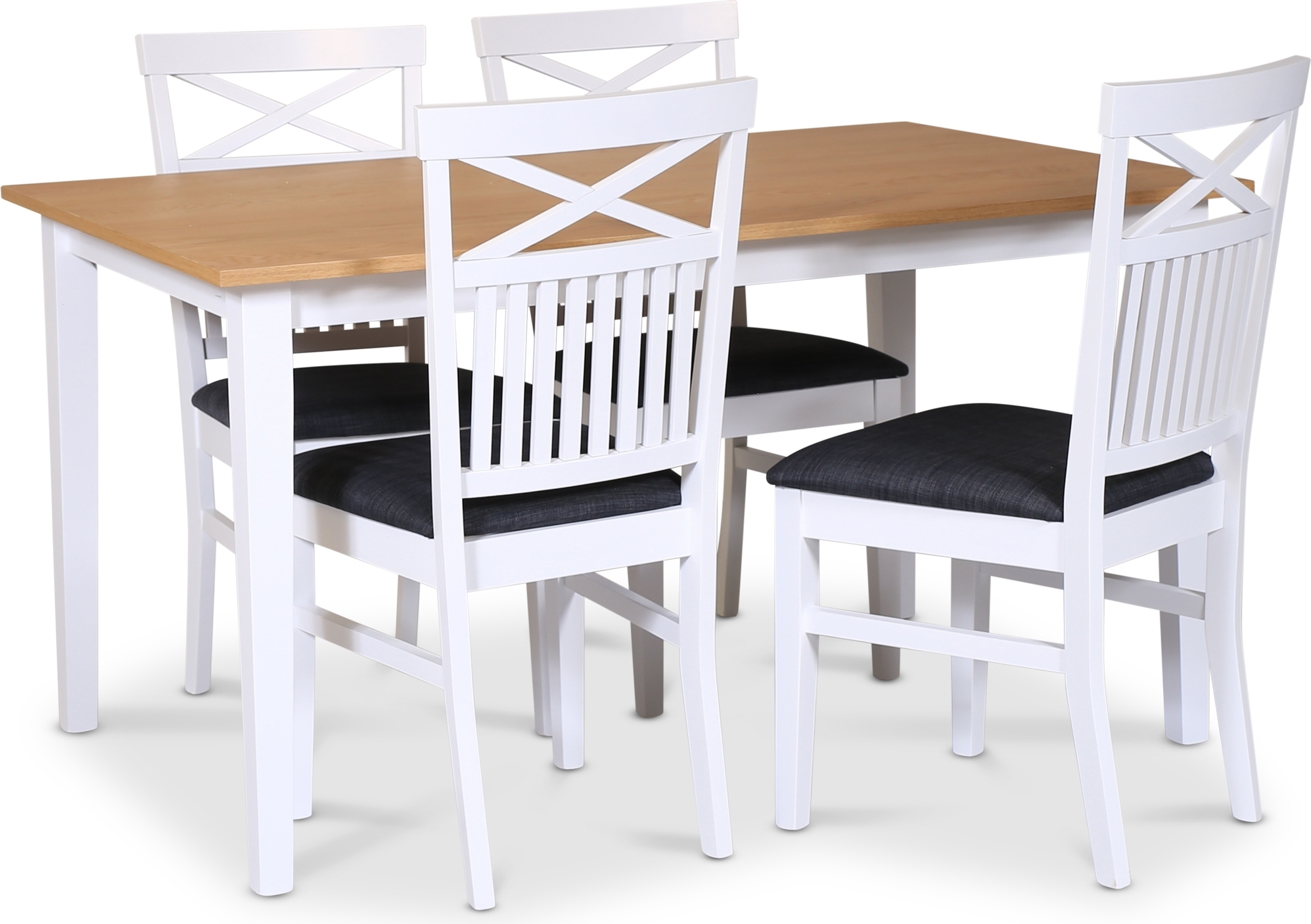 Fårö spisegruppe; spisebord 140x90 cm - Hvit / oljet eik med 4 Fårö spisestoler med grått stoffsete Fårö spisegruppe; spisebord 140x90 cm - Hvit / oljet eik med 4 Fårö spisestoler med grått stoffsete