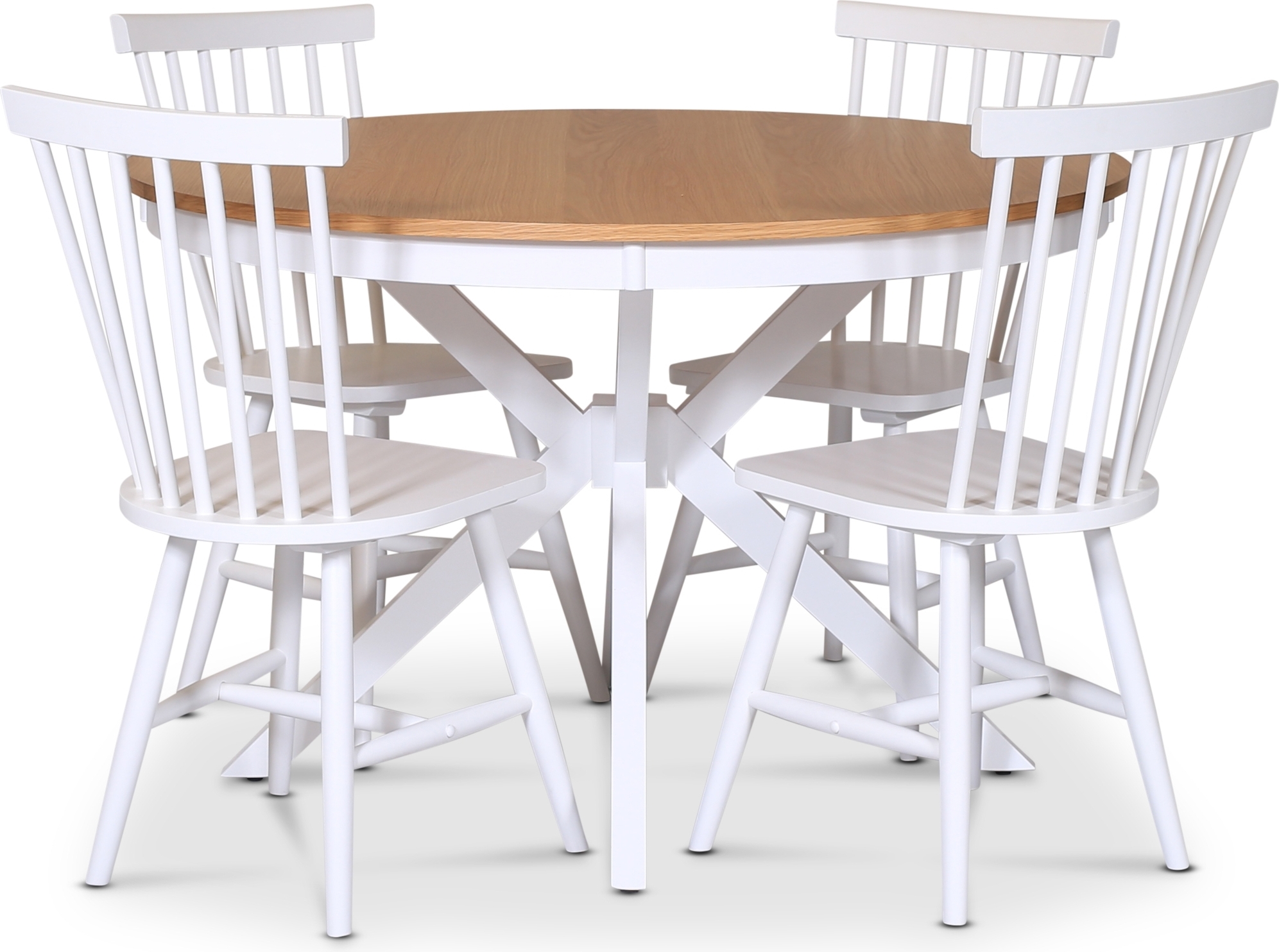 Troms� spisegruppe; rundt spisebord 120 cm - Hvit / oljet eik med 4 hvite Karl pinnestoler