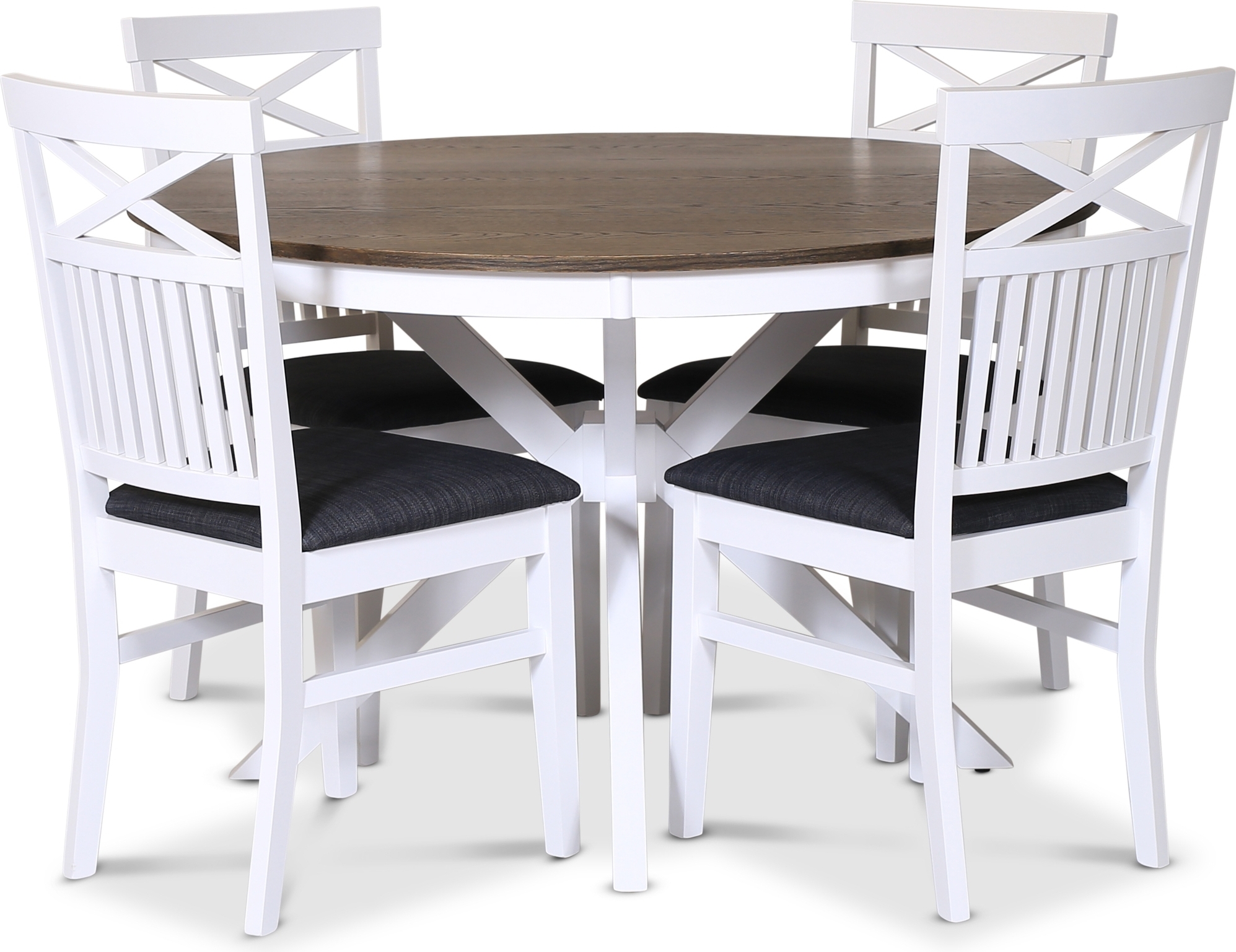 Skagen spisegruppe; rundt spisebord Ø120 cm - Hvit / brunoljet eik med 4 skagenstoler med grått sete Skagen spisegruppe; rundt spisebord Ø120 cm - Hvit / brunoljet eik med 4 skagenstoler med grått sete