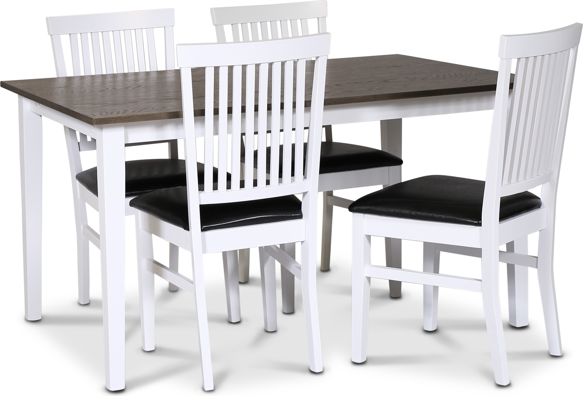 Skagen spisegruppe; klassisk spisebord 140x90 cm - Hvit / brunoljet eik med 4 Fårö stoler (Ribber i ryggen) med svart PU-sete Skagen spisegruppe; klassisk spisebord 140x90 cm - Hvit / brunoljet eik med 4 Fårö stoler (Ribber i ryggen) med svart PU-sete
