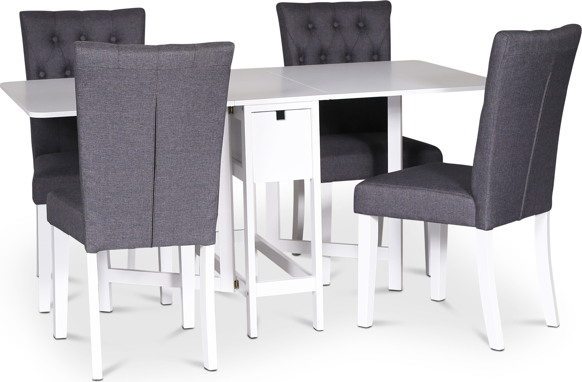 Sandhamn spisegruppe; Klaffbord med 4 Crocket-stoler i grått stoff Sandhamn spisegruppe; Klaffbord med 4 Crocket-stoler i grått stoff