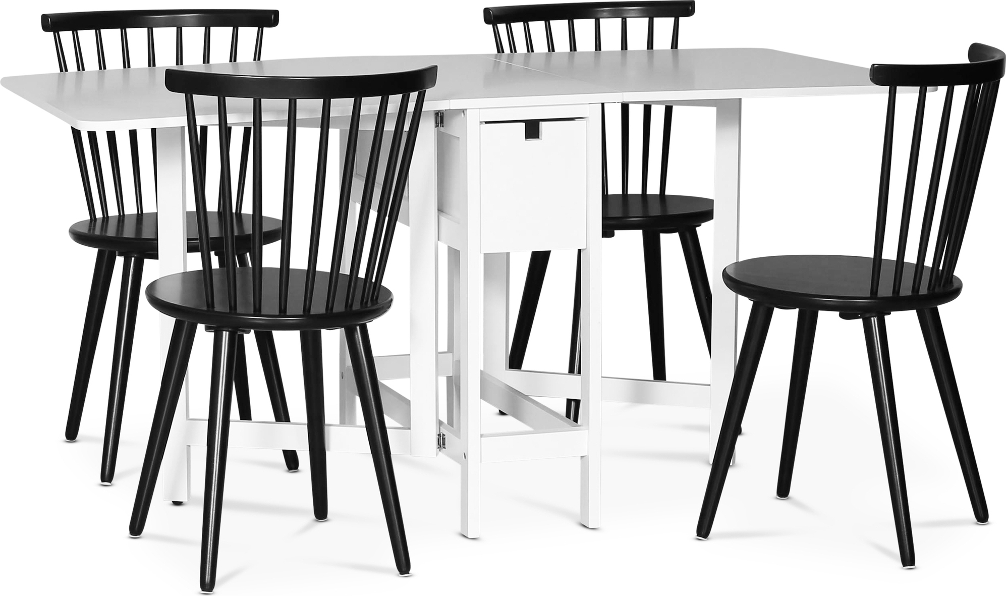 Sandhamn spisegruppe; klaffbord med 4 svarte Castor pinnestoler + 3.00 x M�belf�tter