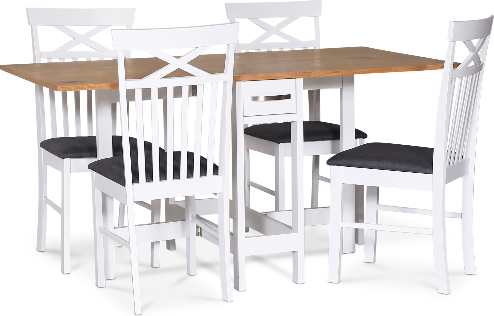 Fårö spisegruppe; Fårö klaffbord i hvit/eik med 4 Sofiero-stoler + 3.00 x Fårö spisegruppe; Fårö klaffbord i hvit/eik med 4 Sofiero-stoler + 3.00 x