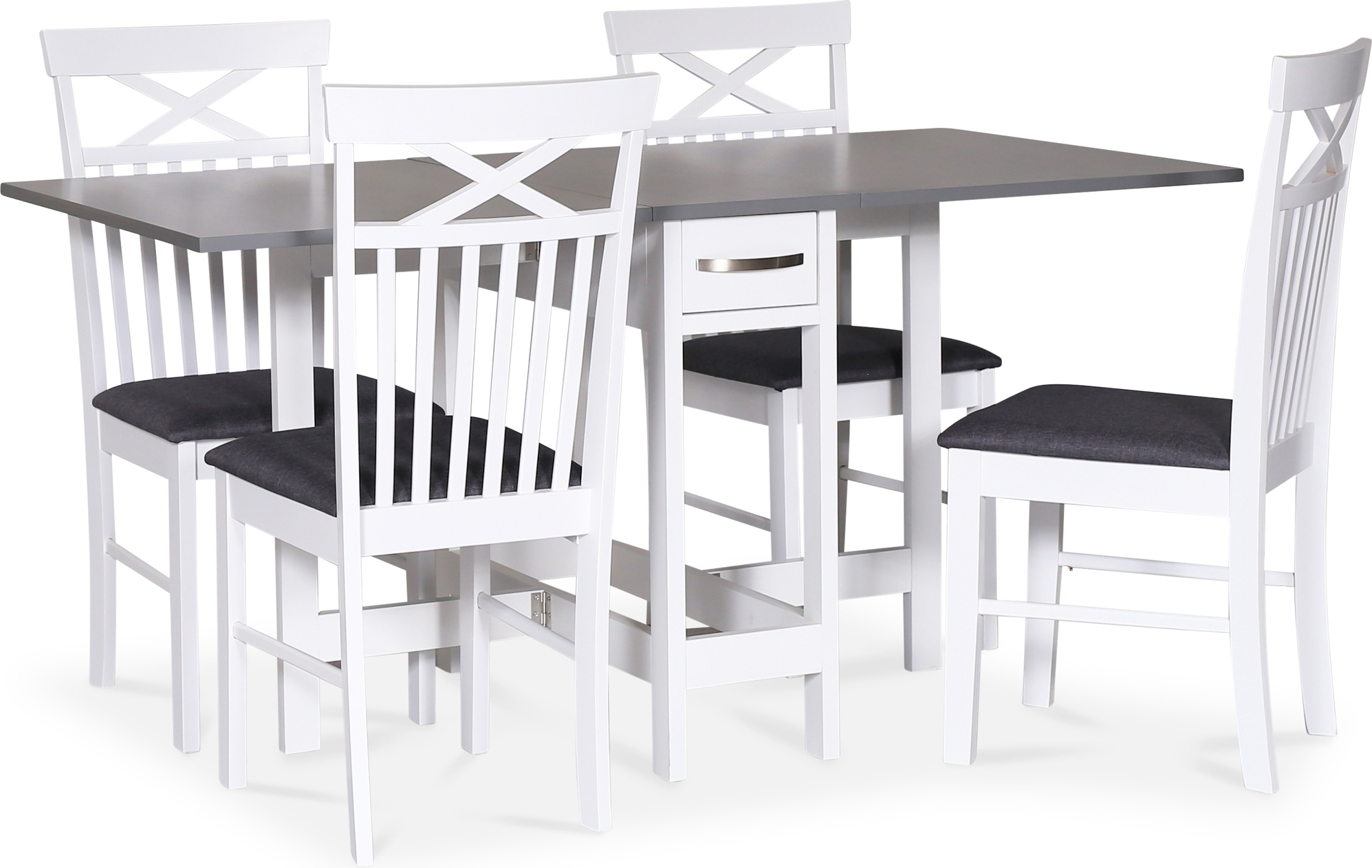 Fårö spisegruppe; Fårö klaffbord i hvit/grå med 4 Sofiero spisestoler Fårö spisegruppe; Fårö klaffbord i hvit/grå med 4 Sofiero spisestoler