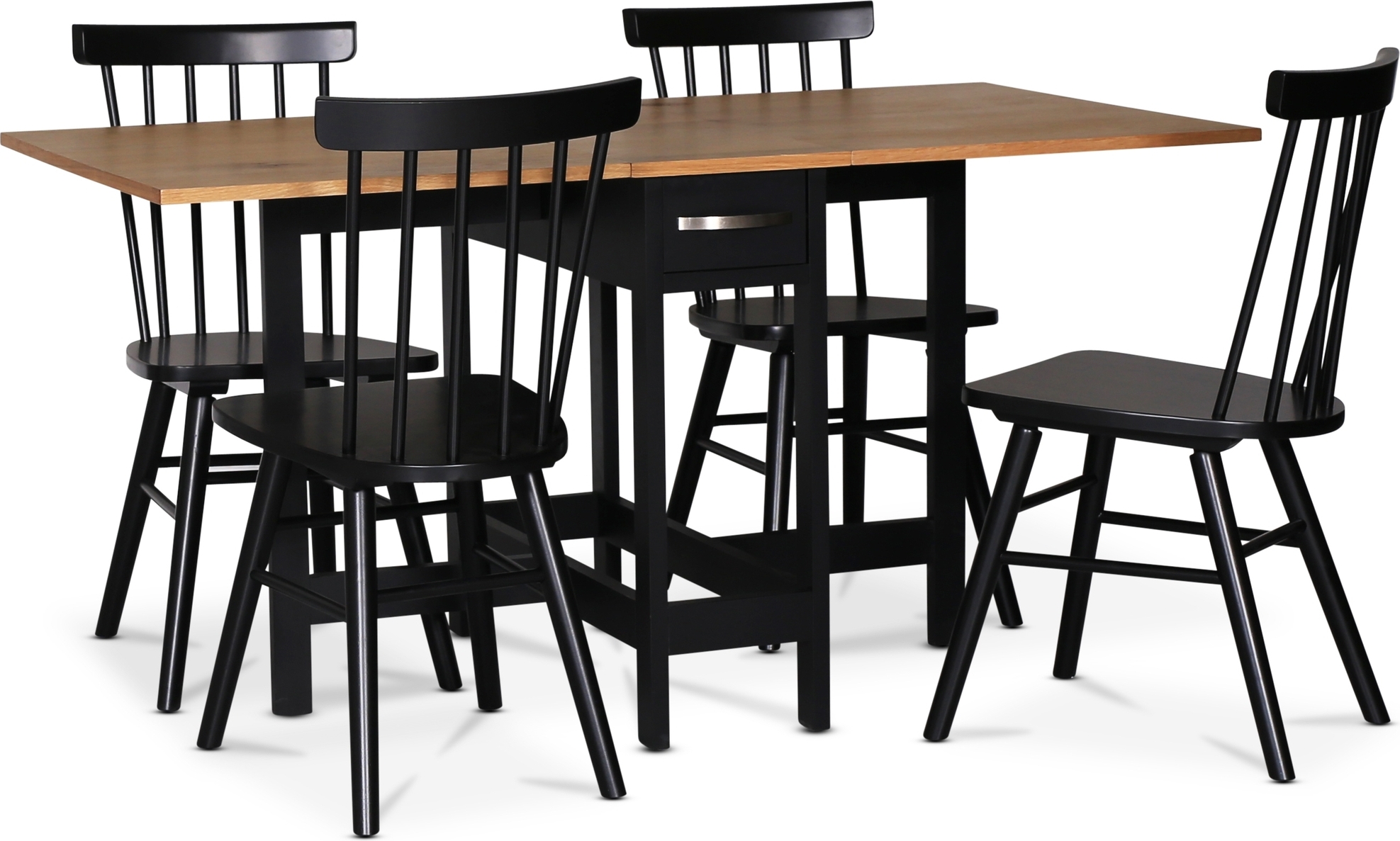 F�r� spisegruppe; F�r� klaffbord i svart/eik med 4 svarte Orust pinnestoler