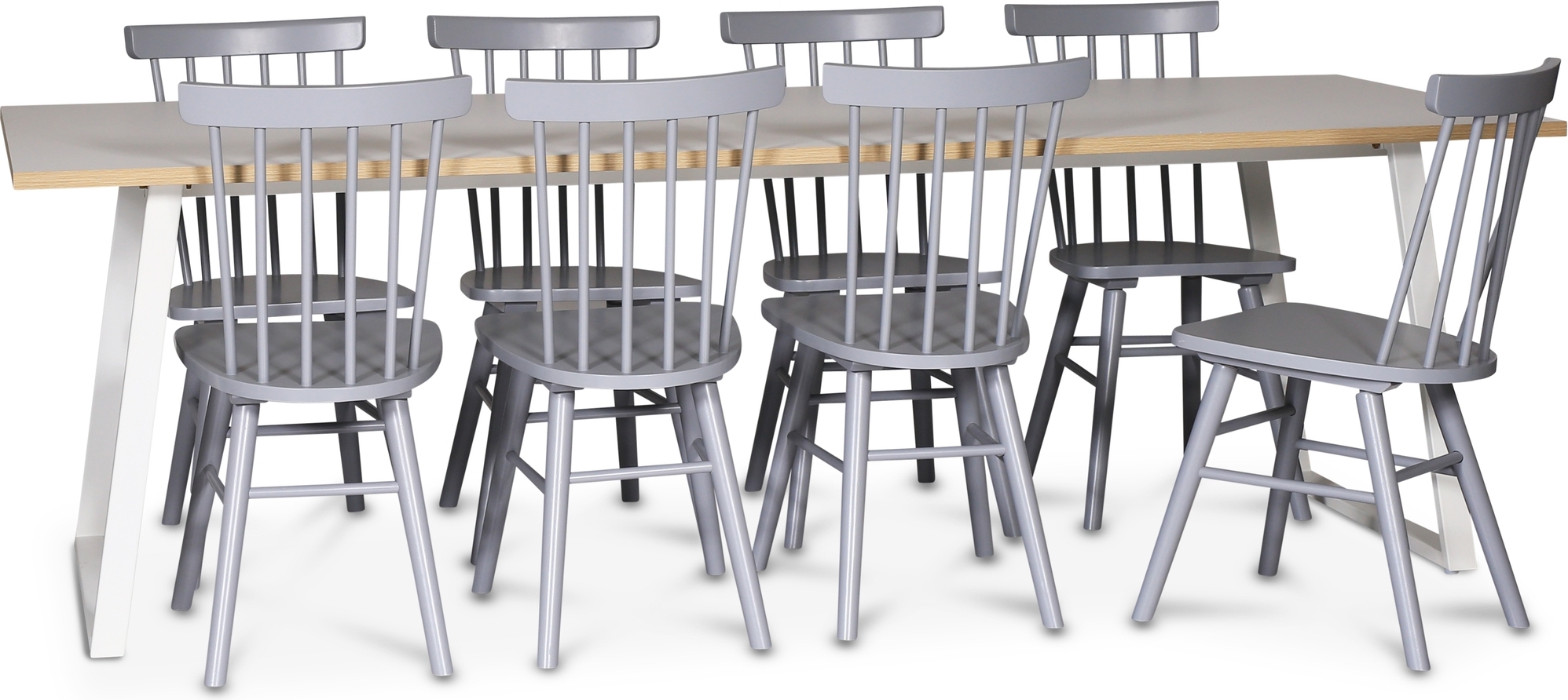 Edge spisegruppe; Spisebord i hvit HPL 240x90 cm med 8 gr� Orust stokkstoler + M�belrengj�ring