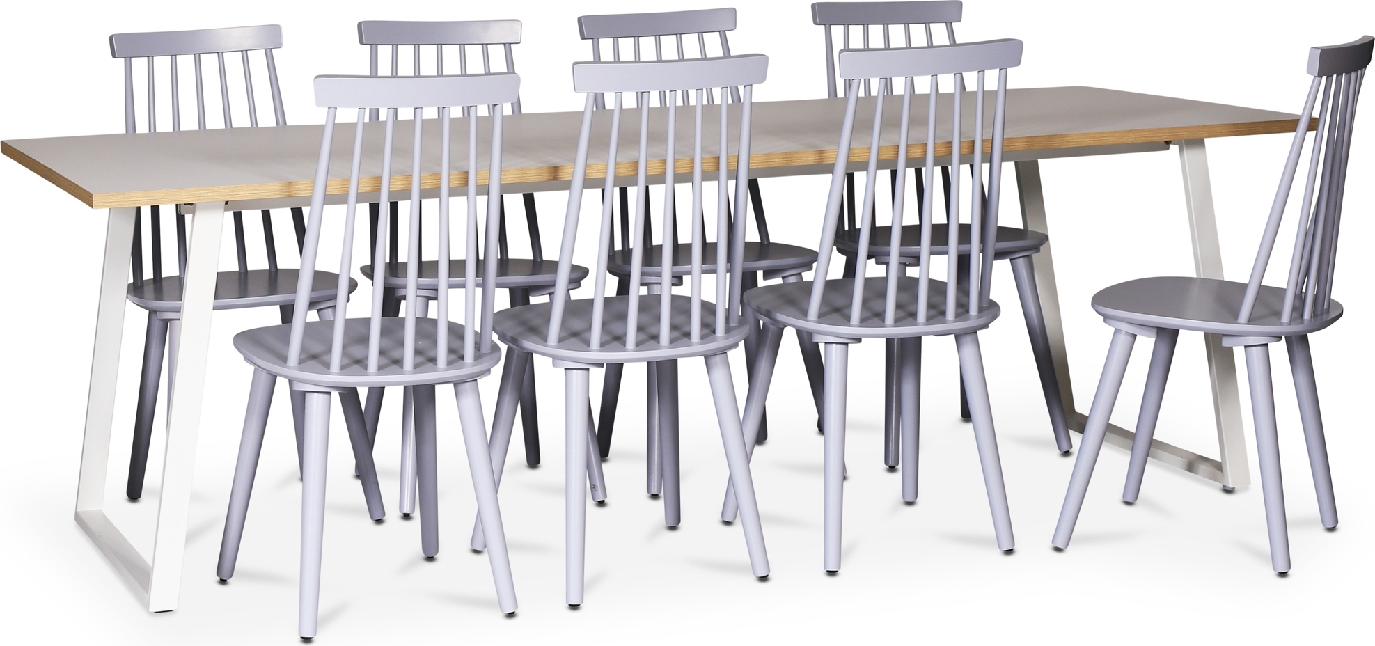 Edge spisestuesett for 8 personer; Spisebord i hvit HPL 240x90 cm med 8 gr� Dalsland kurvstoler