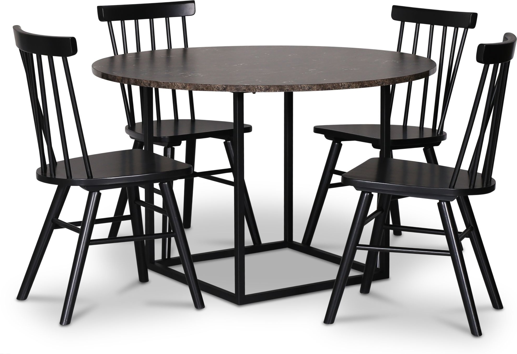 Sintorp spisegruppe, rundt spisebord �115 cm inkludert 4 stk. svarte Orust pinnestoler � Brun marmor (Laminat) + M�belrengj�ring