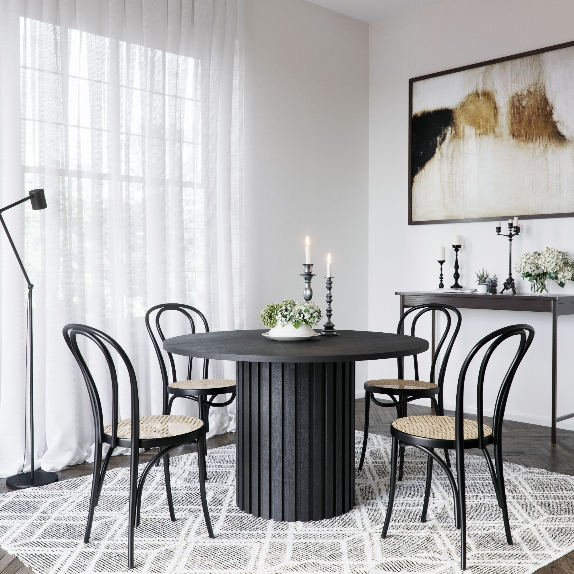 PiPi spisegruppe, rundt spisebord �120 cm inkludert 4 stk. Stol No18 i b�yd tre - Svartbeiset tre