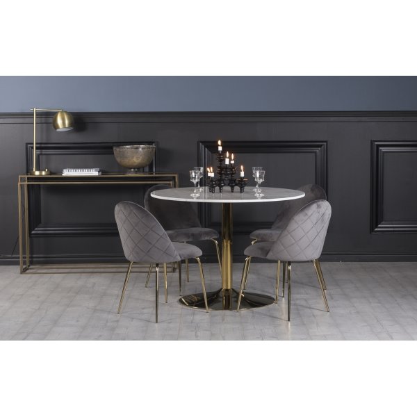 Plaza spisegruppe, marmorbord med 4 st Plaza flyelstoler - Gr/Hvit/Messing