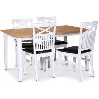Fårö spisegruppe; spisebord 140x90 cm - Hvit / oljet eik med 4 Fårö spisestoler med svart PU-sete
