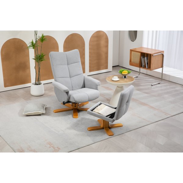 Duva justerbar lenestol inkl. fotskammel med oppbevaring - Grå stoff med treben Duva justerbar lenestol inkl. fotskammel med oppbevaring - Grå stoff med treben