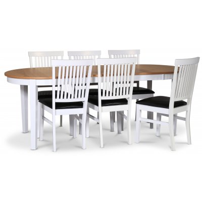 Fårö spisegruppe; spisebord 160/210x90 cm - Hvit / oljet eik med 6 stk Fårö stoler med sete i svart PU