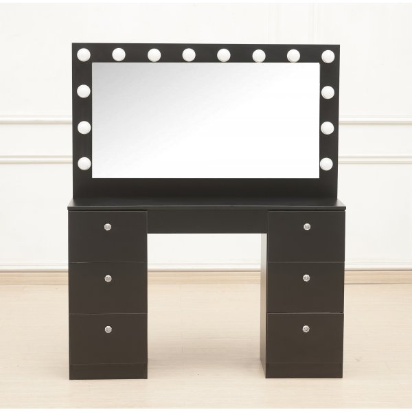 Caija svart toalettbord med belysning og håndtak i krystall Caija svart toalettbord med belysning og håndtak i krystall